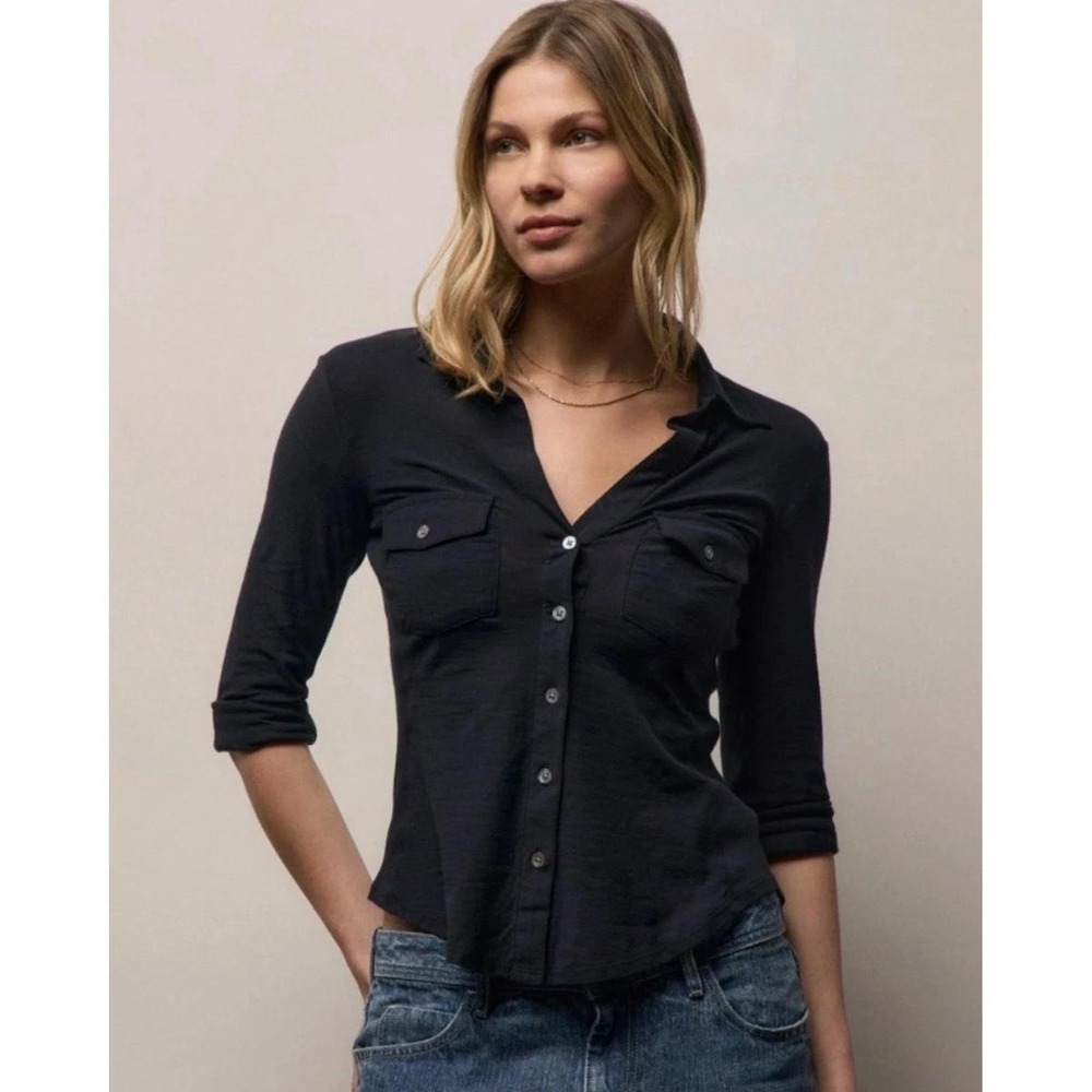 James Perse Sheer Slub Side Panel Shirt Black Size 2